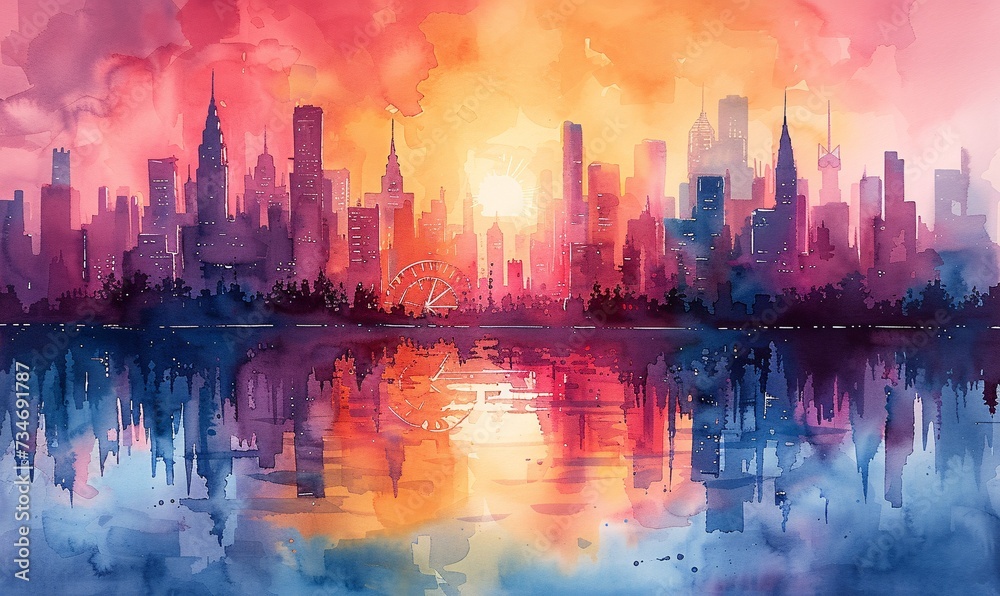 Sunset in the City: A Pink and Purple Painting of a Ferris Wheel and Skyscrapers Generative AI