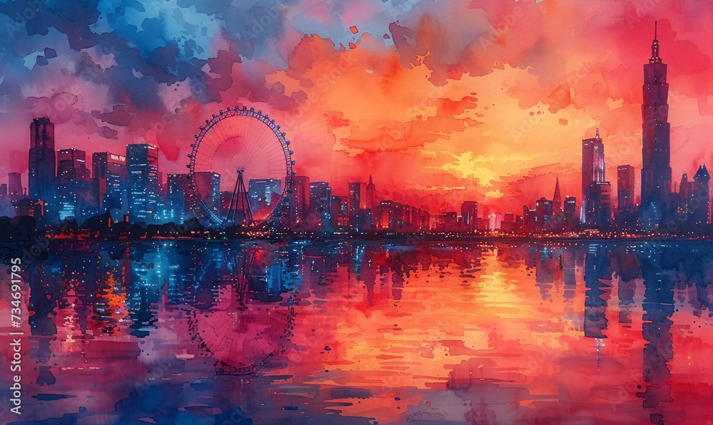 Sunset Skyline: A Painted Cityscape with a Ferris Wheel Generative AI