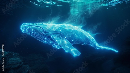 Neon whale swimming in the ocean underwater. photo