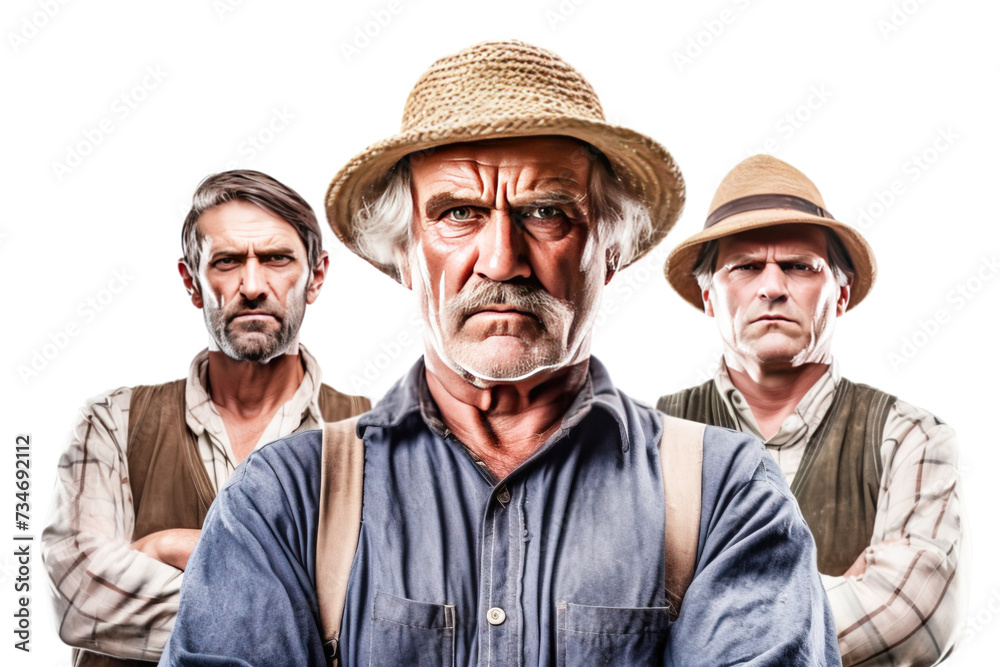 Group of irritated, angry male farmer in work clothes, white background isolate. Group of irritated, angry male farmer in work clothes, white background isolate.