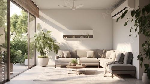 Modern living room interior with air conditioner for a cool and comfortable summer ambiance photo