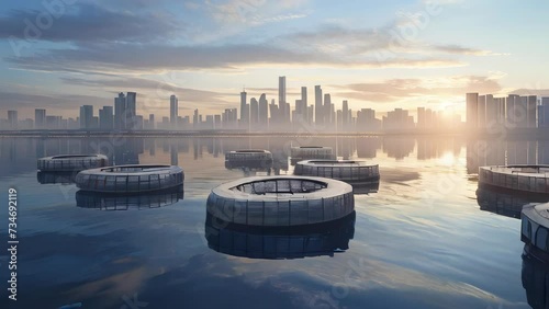 Circular floating islands on the sea with an urban skyline in the background, captured on a sunny day, with buildings in the distance and a serene sea and blue sky in the foreground.
 photo