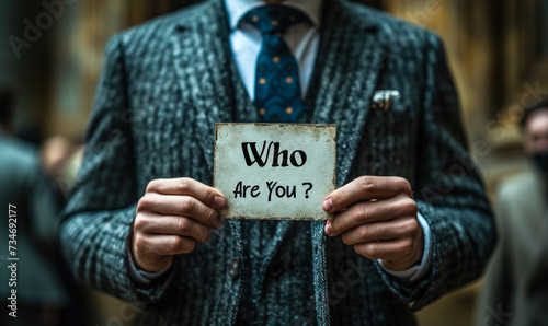 Close up of a man in a suit holding a card with Who Are You? printed on it, questioning identity and self perception photo