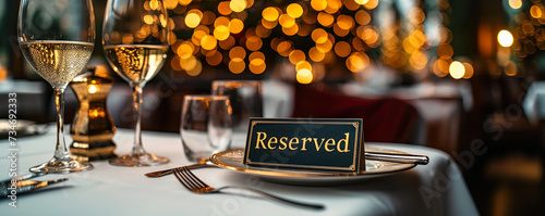 Elegant reserved sign placed on a white linen tablecloth at a fine dining restaurant, with wine glasses and bokeh lights in the background, creating a sophisticated and exclusive atmosphere photo