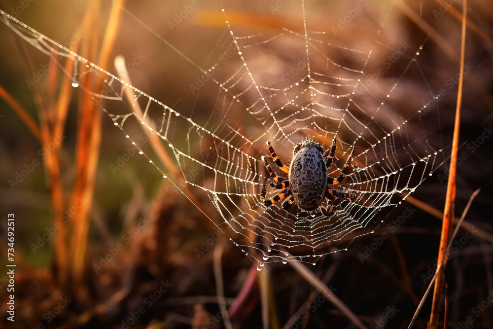 Beautiful patterned web with sun rays close up with spider, background blurred natural nature.
