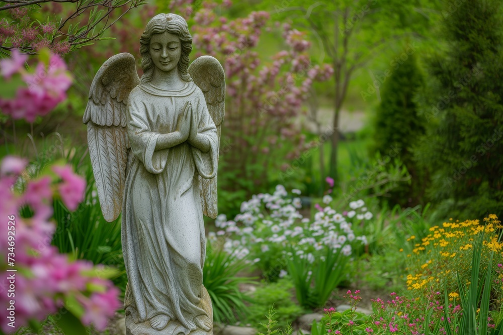 angel statue in a garden with blooming flowers around