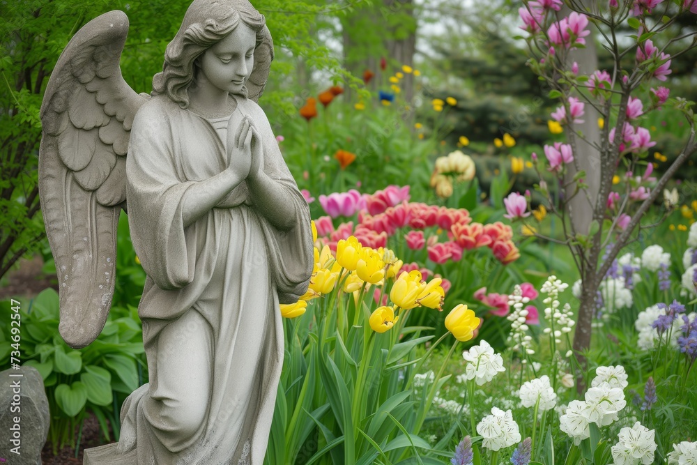 Fototapeta premium angel statue in a garden with blooming flowers around