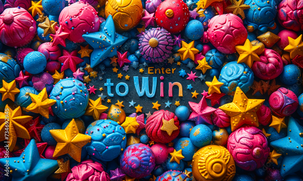 Enter to Win bold 3D text surrounded by vibrant multicolored stars, symbolizing contest, sweepstakes, rewards, chance, and celebration of potential victory