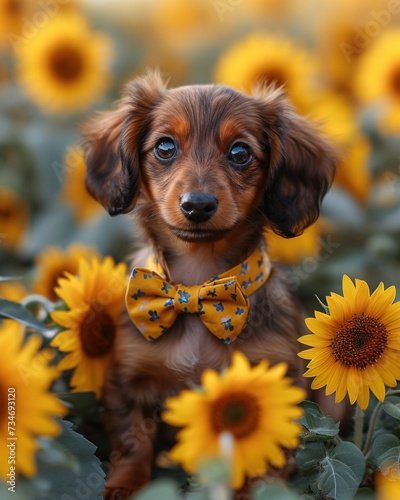 Sunny Side Up: A Cute Little Dog in a Bow Tie and Sunflowers Generative AI