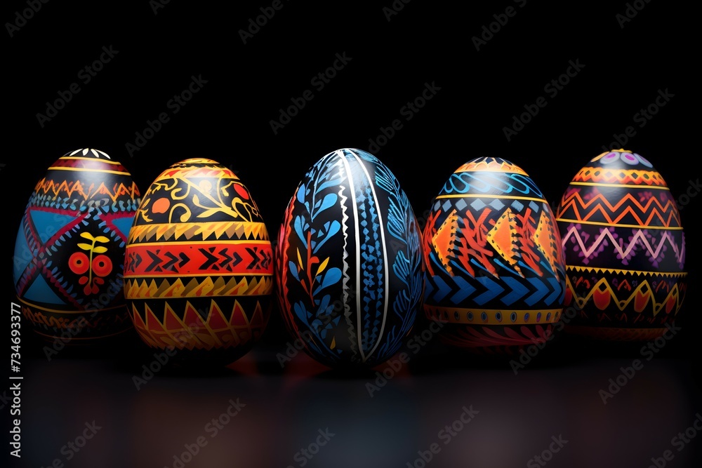 A captivating collection of hand-painted Easter eggs with intricate designs and vibrant colors against a dark background A captivating collection of hand-painted Easter eggs with intricate designs and vibrant colors against a dark background