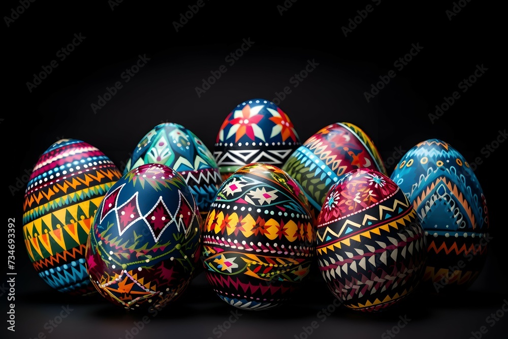 A captivating collection of hand-painted Easter eggs with intricate designs and vibrant colors against a dark background A captivating collection of hand-painted Easter eggs with intricate designs and vibrant colors against a dark background
