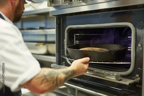 chef placing a castiron bread pan in a commercial oven photo