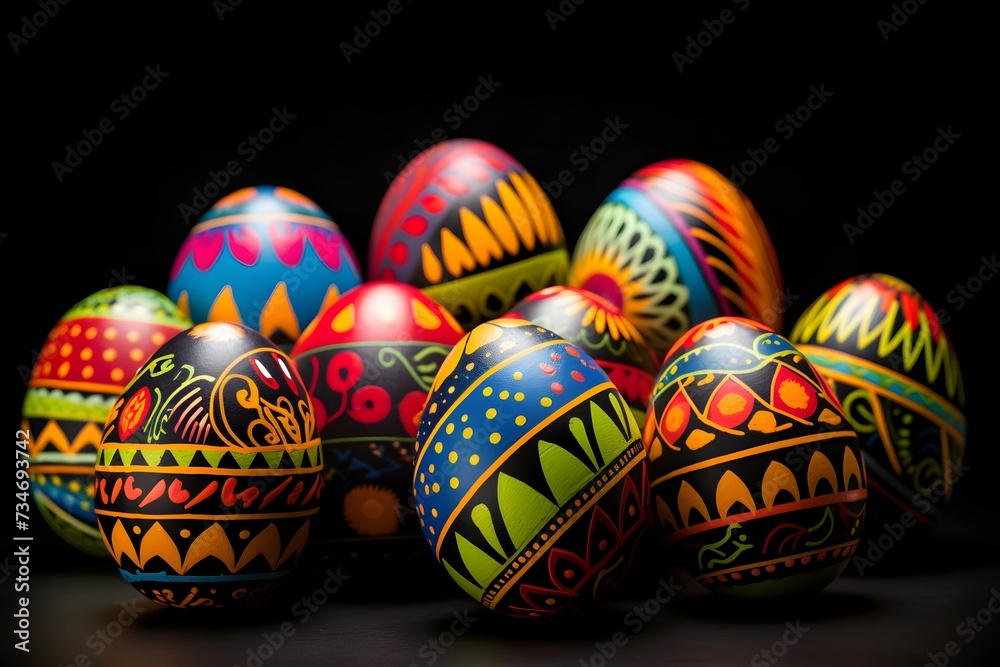A captivating collection of hand-painted Easter eggs with intricate designs and vibrant colors against a dark background A captivating collection of hand-painted Easter eggs with intricate designs and vibrant colors against a dark background