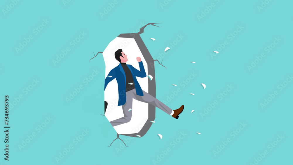 Overcome obstacle, Break down barriers to career success, male leadership to solve problem, career or comfort zone, courage businessman jump breakthrough wall concept vector illustration Overcome obstacle, Break down barriers to career success, male leadership to solve problem, career or comfort zone, courage businessman jump breakthrough wall concept vector illustration