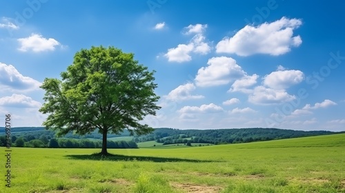 Lone green oak tree in a sunlit field with generous space for text or design elements