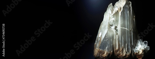 Alunogen is a rare precious natural stone on a black background. AI generated. Header banner mockup with space.