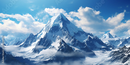 A majestic snow covered mountain peak towering in a surreal sky, Snow-Capped Mountain in Surreal Atmosphere