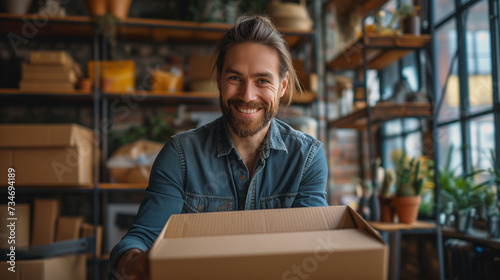 Man packing merchandise for a subscription box inside a small shop. photo