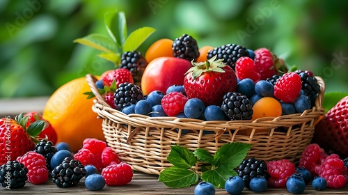 Fresh ripe summer berries and fruits in wicker basket