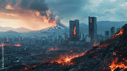 Apocalyptic Cityscape: Erupting Volcano, Fiery Destruction, and Abandoned Skyscrapers Amidst Smoke and Ash
