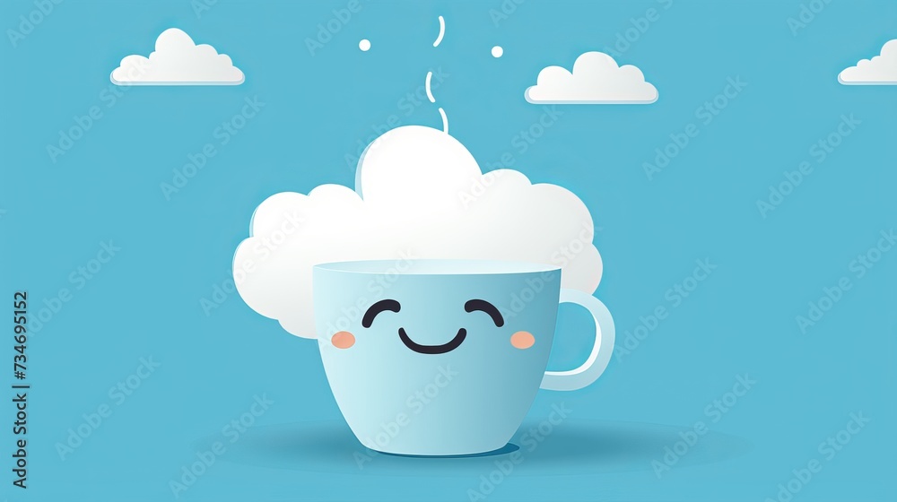 Cute coffee cup with face on blue background, perfect for coffee shops and blue monday concept Cute coffee cup with face on blue background, perfect for coffee shops and blue monday concept
