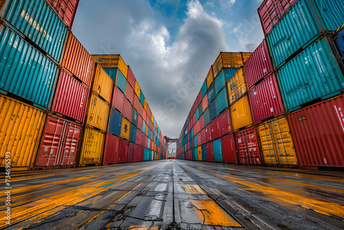 perspective view of containers at containers yard with forklift and truck