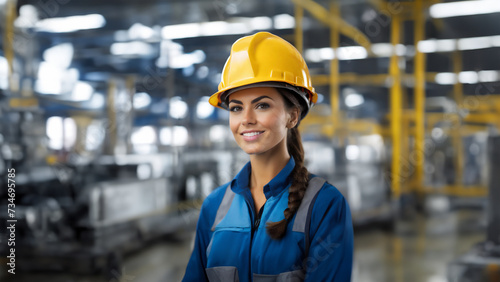 A Women Factory machine Operator in safety gear stands amidst a modern, automated manufacturing facility. The vibrant machinery and organised environment highlight efficiency and innovation