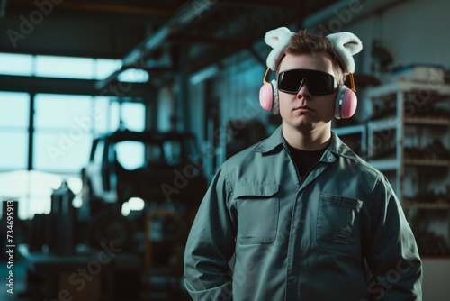 mechanic in coveralls, bunny ear muffs, and protective sunglasses at garage © altitudevisual