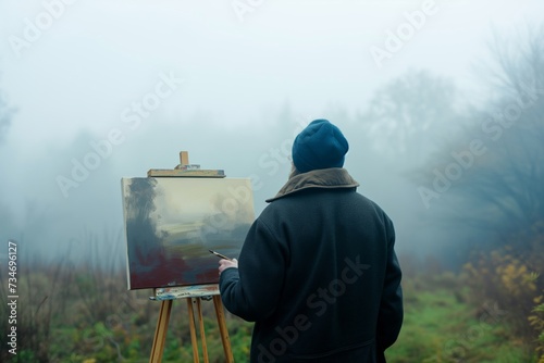 artist with canvas encountering a view obscured by fog photo