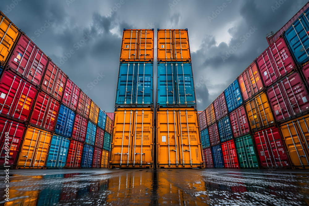 Fototapeta premium perspective view of containers at containers yard with forklift and truck