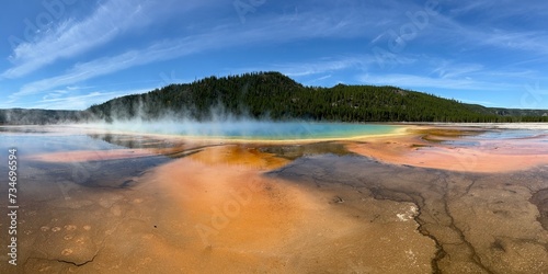 Prismatic Spring panorama surrounded by lush green trees, emitting steam into the air