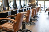 upscale salon, leather chairs facing stylist stations, no clients