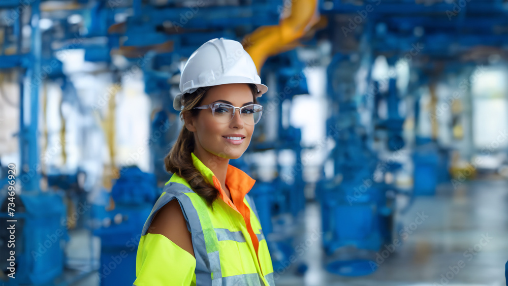 A Women Factory machine Operator in safety gear stands amidst a modern, automated manufacturing facility. The vibrant machinery and organised environment highlight efficiency and innovation - obrazy, fototapety, plakaty 