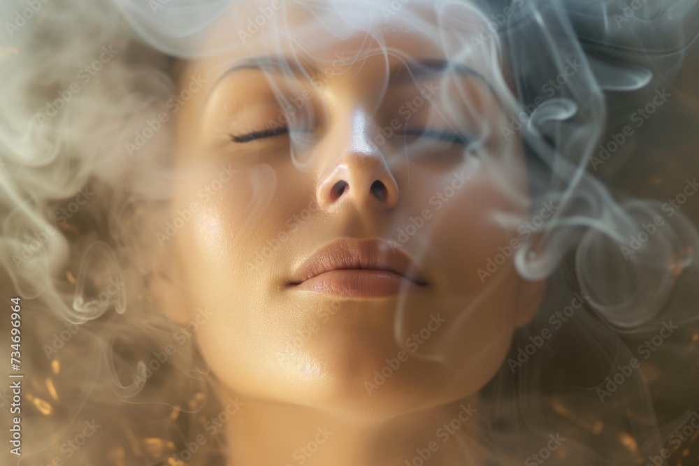 female face amidst aromatic steam, eyes closed, relaxed expression - obrazy, fototapety, plakaty 