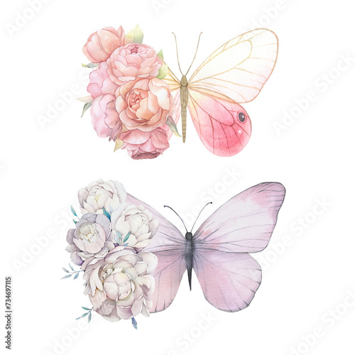 Fototapeta Naklejka Na Ścianę i Meble -  Butterfly watercolor illustration with peony flowers. Colorful clipart. Violet purple butterfly. Baby shower design elements. Party invitation, birthday celebration. Spring or summer decoration,floral