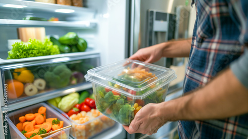 Man's Hand Taking Container Of  Mixed Vegetables From Refrigerator