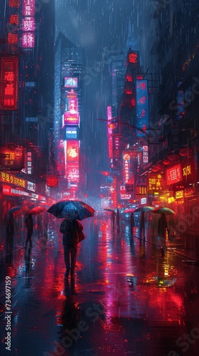 Rainy Night in Chinatown: Colorful Lights and Umbrellas Generative AI
