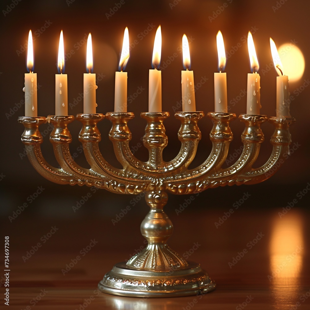 Fototapeta premium Holiday Glow: A Golden Menorah Illuminates the Table Generative AI
