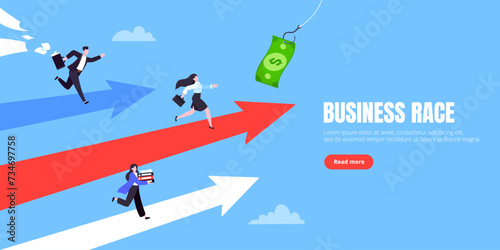 Business career competition with man and woman business persons running flat style design vector illustration concept. Leadership race employee competition with achieving success award.