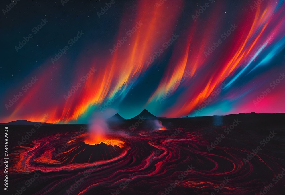 an image of volcano at night in front of colorful sky