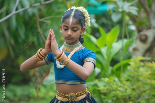 young dance enthusiast practicing bharatanatyam mudras in a garden photo