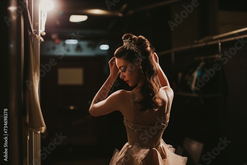 performer preparing backstage, adjusting dress and hair accessories photo