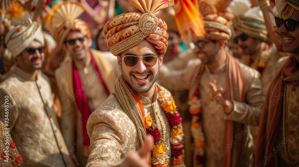 Baraat procession of Indian groom arriving to celebrate the wedding day. Men dancing in traditional Hindu attire.