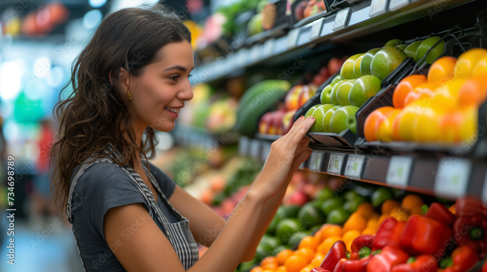 Healthy choices in supermarket. Woman looking at produce shelves in grocery store isle.