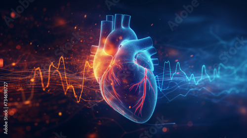 Digital illustration of human heartbeat with waves. #734698727
