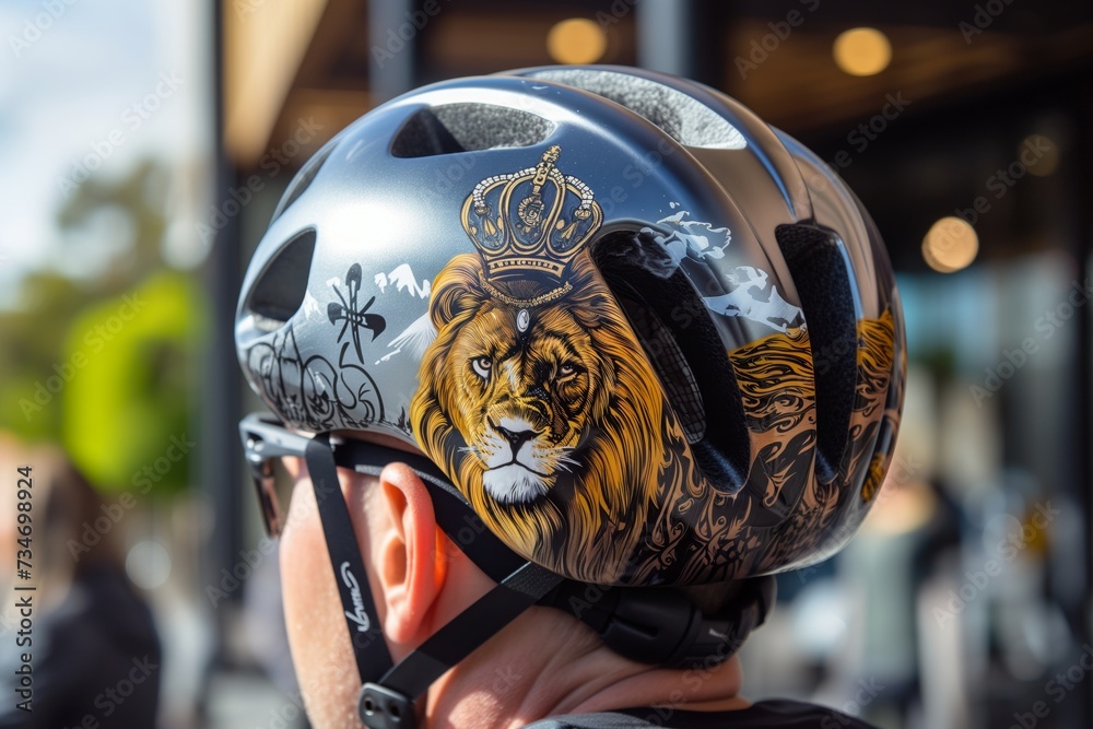cyclist wearing helmet with a lion and a crown airbrushed on