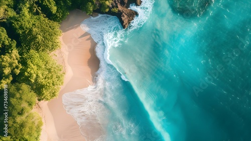 Aerial view of ocean and beach on tropical island. Summer vacation holiday background. Seascape