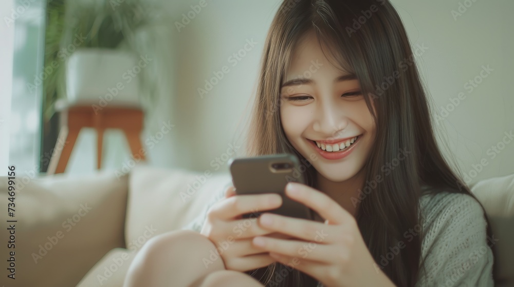 beautiful young asian woman looking happy uses a smart mobile phone on sofa in living room interior beautiful young asian woman looking happy uses a smart mobile phone on sofa in living room interior