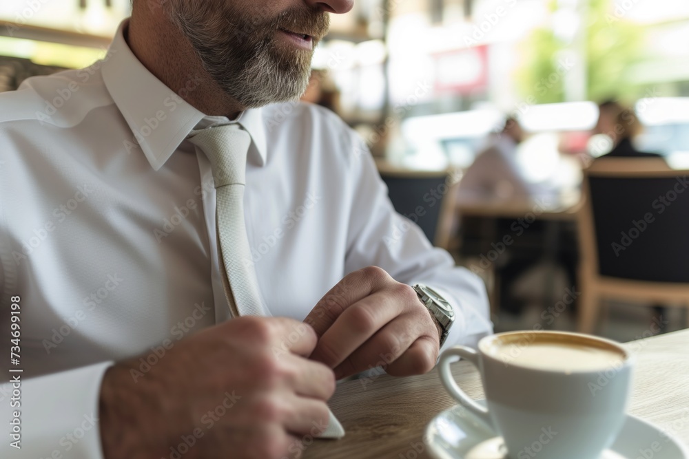 businessman retying loosened tie during coffee break businessman retying loosened tie during coffee break