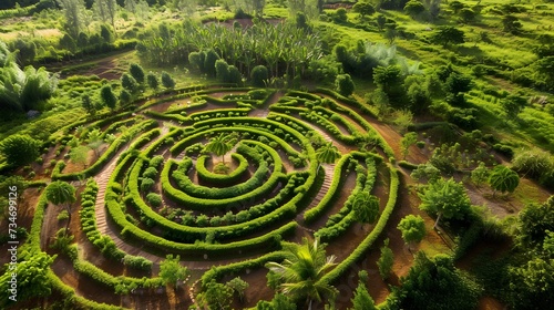 Aerial view a natural labyrinth in the garden 